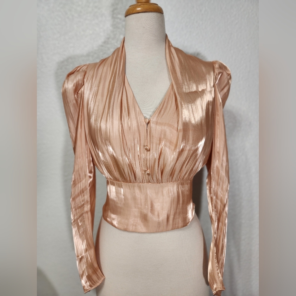 Leith Satin Blouse Long Sleeves in Soft Peach Color, Size S